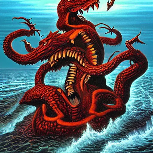 Prompt: landscape artwork of demonic hydra, giant two headed monster emerging from the sea, artwork by Greg Hildebrandt.