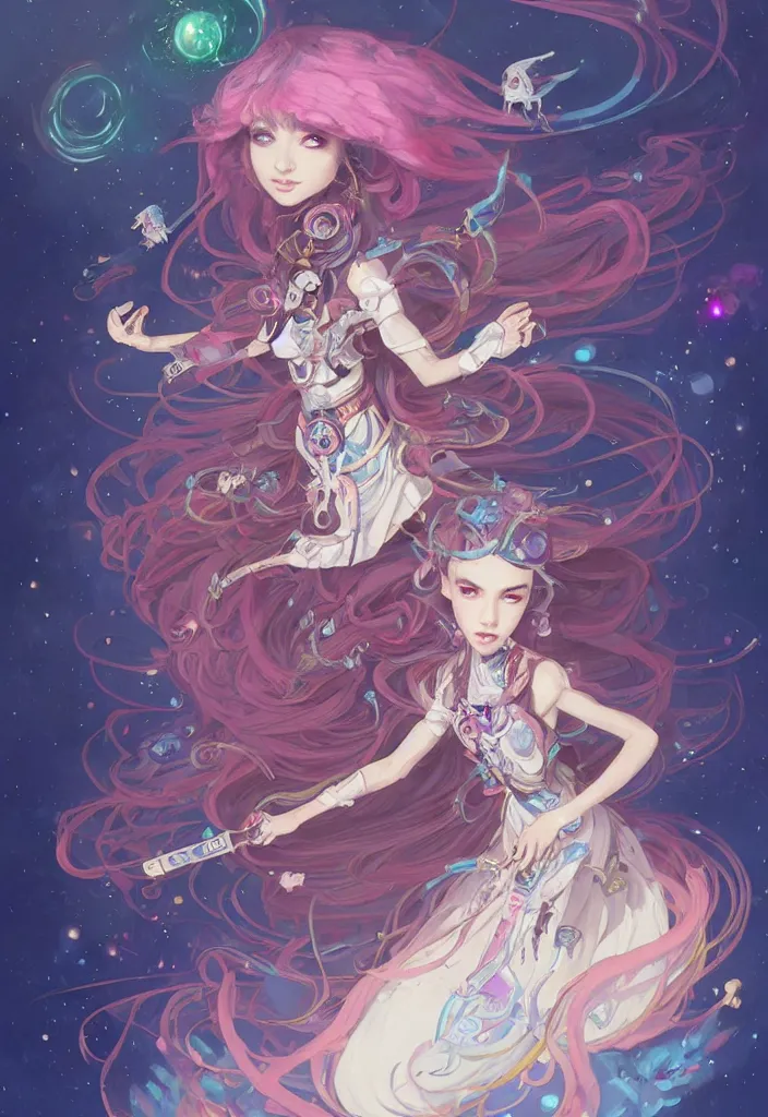 Image similar to full body picture of an maximalist dress magical girl, neat hair with bangs, smug face, extremely beautiful and aesthetic and detailed cute face and eyes, wipe out evils with cute astronaut familiar sprites, aming the magical beams to the camera, chiaroscuro, intricate, masterpiece, epic fantasy illustrations by peter mohrbacher and anato finnstark and jeremy lipking