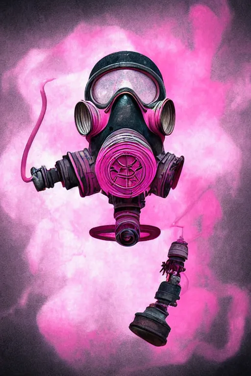 Image similar to Mechanical Gas Mask Machine leaking Pink Vapor, digital art, fantasy, magic, ultra detailed, professional illustration