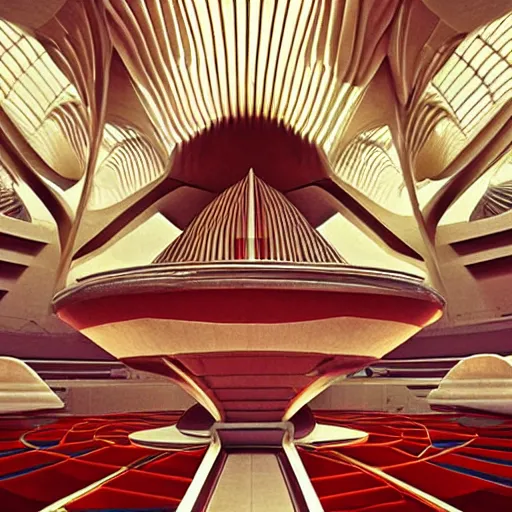 Image similar to interior of a futuristic lotus temple space station with gold, red and white marble panels, by buckminster fuller and syd mead, intricate contemporary architecture, photo journalism, photography, cinematic, national geographic photoshoot