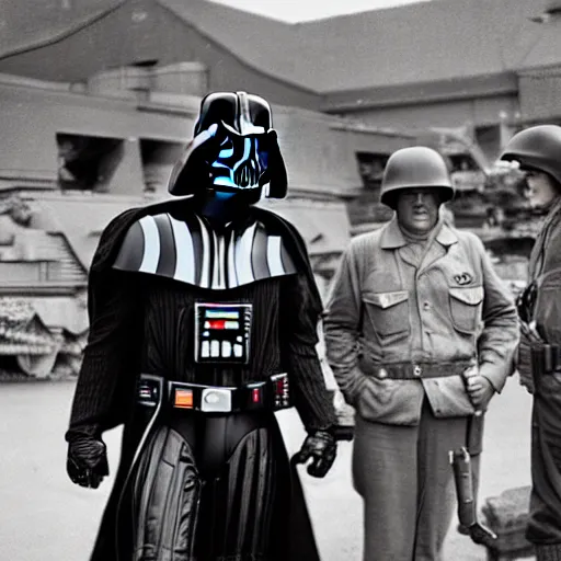 Prompt: Darth Vader with American Soldiers during WWII, black and white photo