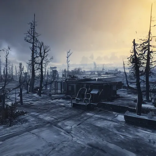 Image similar to Lapland in winter in ruins post-nuclear war in Fallout 4, in game screenshot