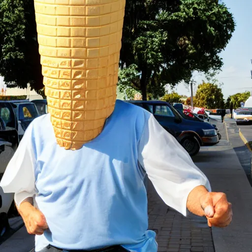 Prompt: a photograph of an old man wearing an elaborate ice cream cone costume