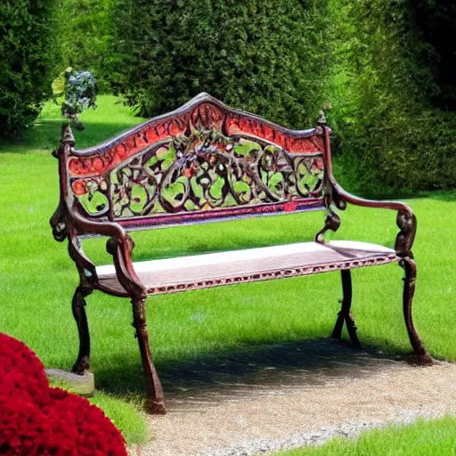 Prompt: beautiful english rose garden with ornate bench