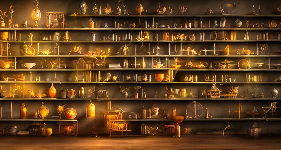 Image similar to a shelf of wonderful magical experiments, cinematic lighting, detailed, beautiful colors, ornate 4 k