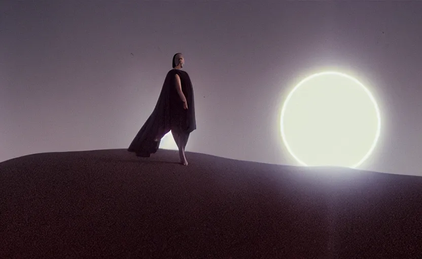 Image similar to levitating bene gesserit with white flowers and golden mask inside a thick black smoke in rocky desert landscape, solar eclipse in the sky, burning earth by gaspar noe and christopher doyle, anamorphic lens, anamorphic lens flares, kodakchrome, cinematic composition, practical effects, award winning photo, 8 k