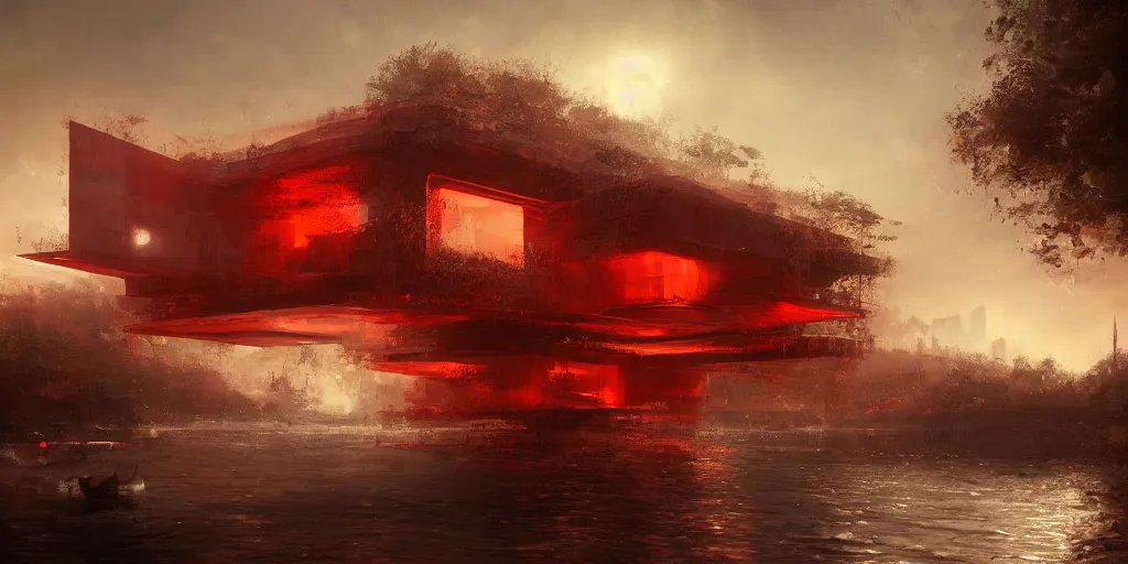 Image similar to An epic architectural rendering of a blob shaped trypophobia house with a mysterious red glow emitting from inside in a modern cityscape next to a river, by Greg Rutkowski, tunning, gorgeous, golden ratio, photorealistic, featured on artstation, 4k resolution