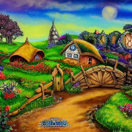 Prompt: hobbiton landscape with abnoxious jewels all around, fantasy, rock, high detail