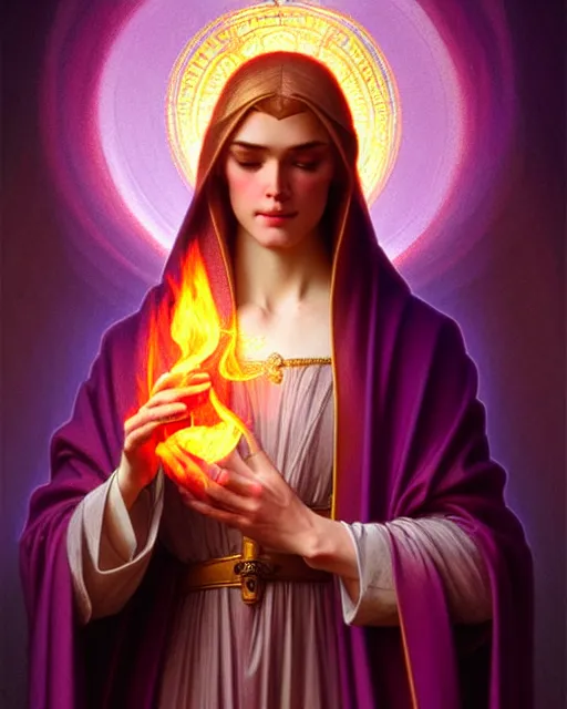Image similar to saint germain holding a violet flame, fire that is violet colored, intricate, elegant, highly detailed, digital painting, artstation, concept art, smooth, sharp focus, illustration, art by artgerm and greg rutkowski and fra angelico and alphons mucha