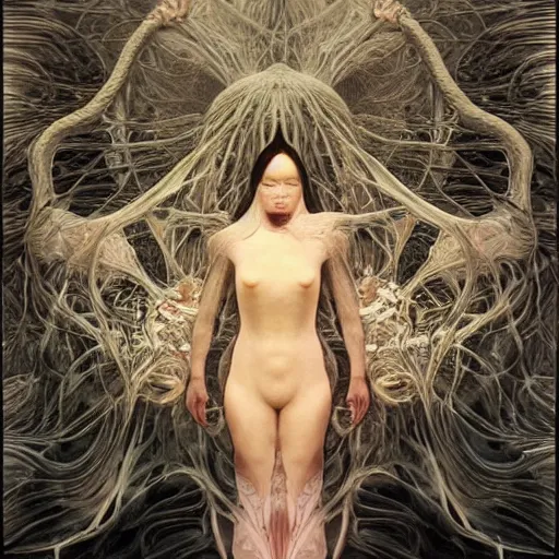 Image similar to bjork by zdzisław beksinski, iris van herpen, raymond swanland and alphonse mucha. highly detailed, hyper - real, beautiful