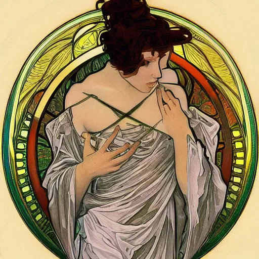 Image similar to seraphim with 6 wings covered in eyes, trending on artstation, by alphonse mucha