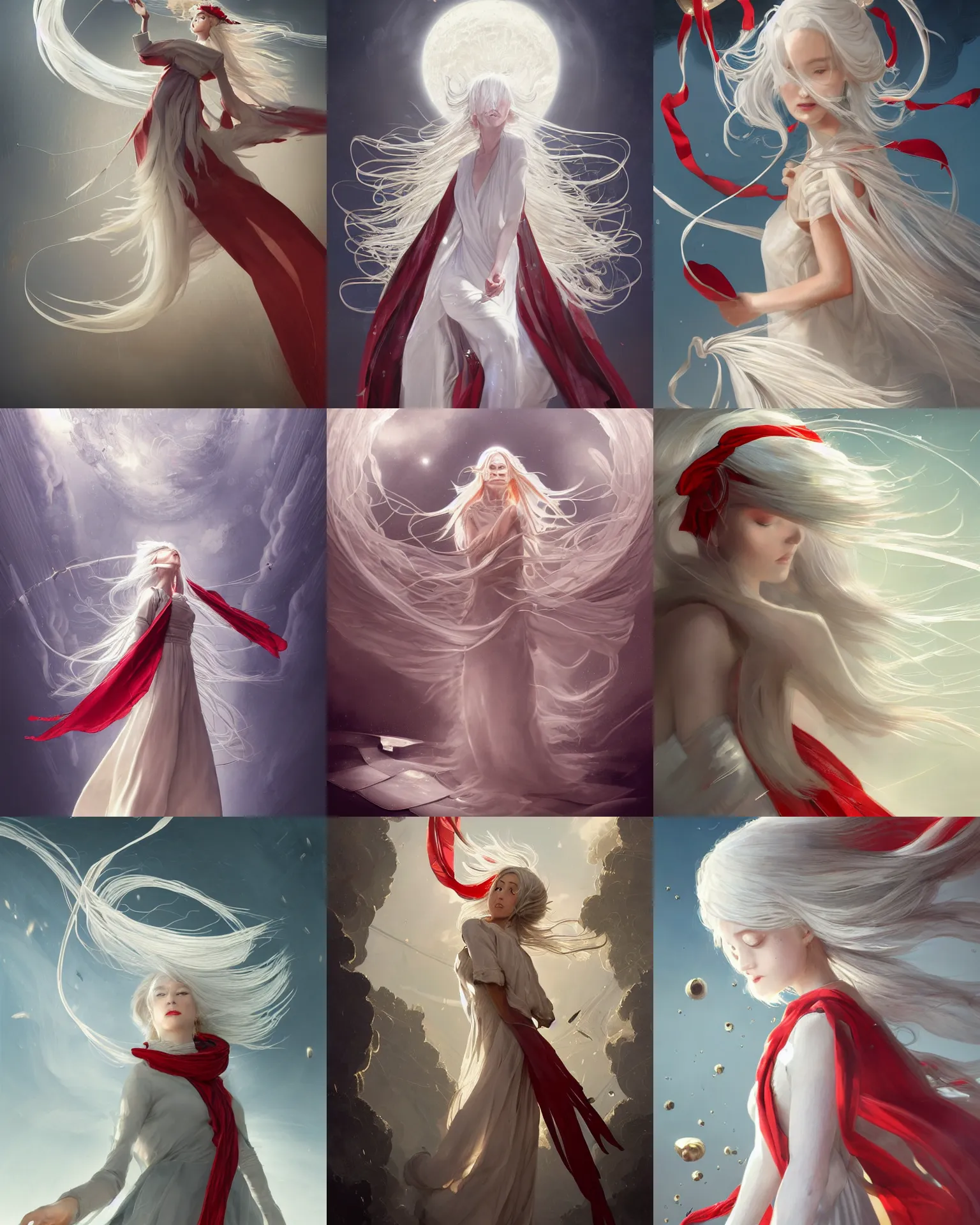 Prompt: museum curator of abstract work with long golden white hair and a beautiful silver dress with ribbons and a red scarf, tornado, windy, gyroscopes floating, magnificent, medium shot, close up, details, sharp focus, elegant, highly detailed, illustration, by Jordan Grimmer and greg rutkowski and PiNe(パイネ) and 薯子Imoko and 香川悠作 and wlop and maya takamura, intricate, beautiful, Trending artstation, pixiv, digital Art