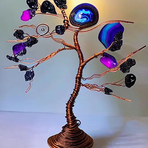 Prompt: intricate wire tree windswept and wing shaped with agate accents, delicate, magnificent design, masterpiece, colorful, surreal, elaborate, dramatic lighting