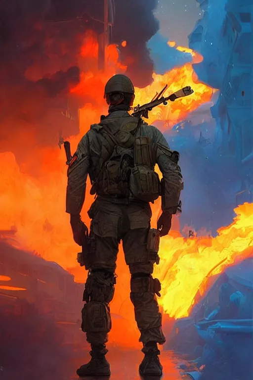 Image similar to special forces soldier with ukrainian blue and yellow flag watching red square burn, masculine figure, d & d, fantasy, bright atmosphere, volumetric lights, intricate, elegant, extremely detailed, digital painting, artstation, concept art, matte, smooth, sharp focus, hyper realistic, illustration, art by artgerm and greg rutkowski and alphonse mucha