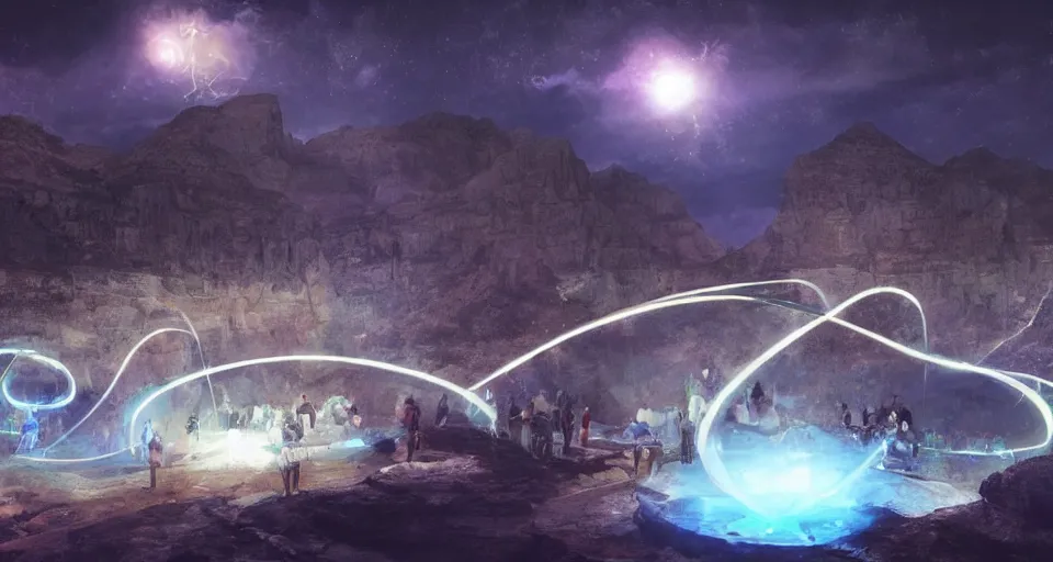 Image similar to night, a lot of people and a spiral - shaped white luminous attractor is floating in grand canyon, concept art, art for the game, professional lighting, art