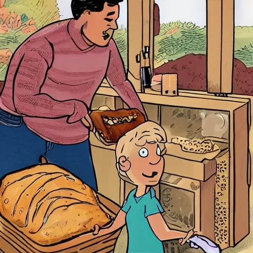 Prompt: a dad coming back home with a carton of milk, pumpernickel bread, and rotisserie glazed chicken, in the style of alison bechdel