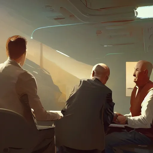 Prompt: illustration of a meeting between elon musk, mark zuckenberg, jeff bezos, very clear face, high quality, very detailled, by artgem, greg rutkowski