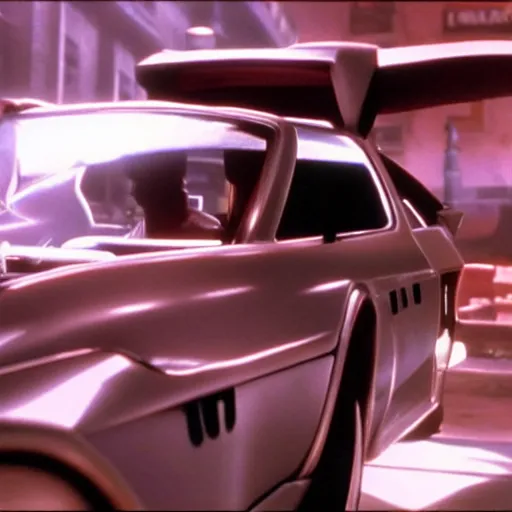 Image similar to who framed roger rabbit, cinematic still, roger rabbit in a flying delorean, high quality, futuristic