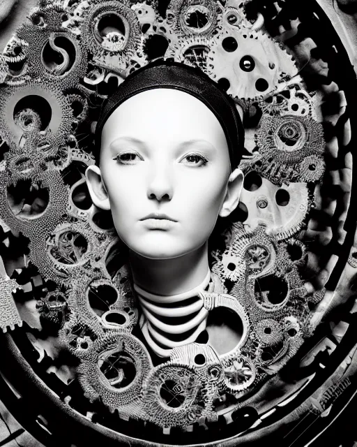 Image similar to black and white dreamy foggy profile face portrait, one steampunk eye biomechanical beautiful young female cyclope - cyborg - robot bust, body ribs meshes,, volumetric light, hibiscus flowers, by hg giger, rim light, by dora maar and cecile beaton, big gothic fashion pearl embroidered collar, 8 k