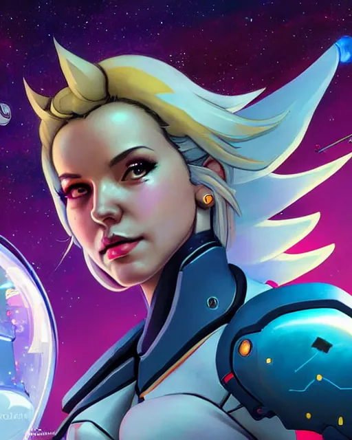 Prompt: mercy from overwatch, in space, character portrait, portrait, close up, concept art, intricate details, highly detailed, vintage sci - fi poster, retro future, vintage sci - fi art, in the style of chris foss, rodger dean, moebius, michael whelan, and gustave dore