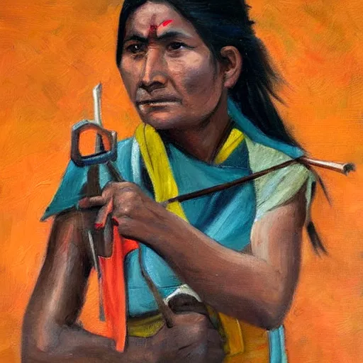 Image similar to a nepali woman carrying a sword, fierce, oil painting