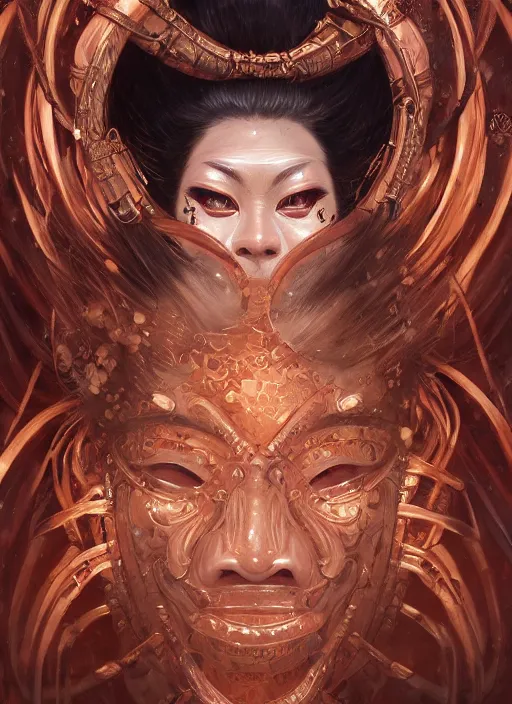 Image similar to a beautiful detailed oil on copper art illustration of a waka onna mask shogun woman, centered, by charlie bowater, zeng fanzh, trending on artstation, dim dusk lighting, cinematic lighting, detailed lighting, volumetric lighting, realistic, f 8, 4 k hd wallpaper