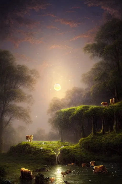 Prompt: a beautiful digital illustration painting of a detailed gothic fantasy secret calm creek babbling brooke cows drinking moon in sky fireflies, by benoit b. mandelbrot, steven belledin, martin johnson heade, lee madgwick, caspar david friedrich, and david rios ferreira. 8 k resolution trending on artstation concept art digital illustration