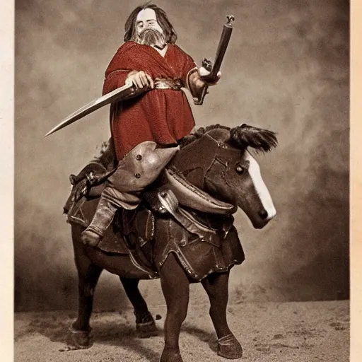 Image similar to dwarf from the lord of the rings standing on a pony in the middle of a circus