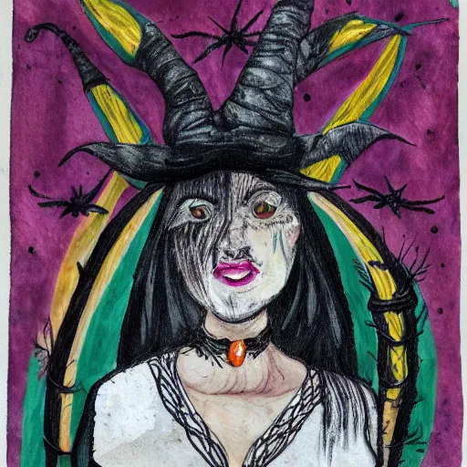 Prompt: a witch as a goat, mixed media