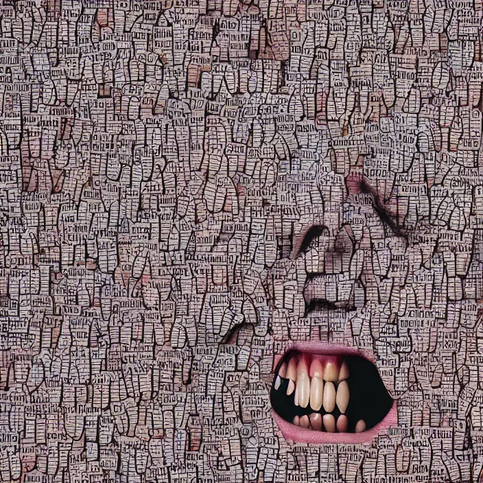 Prompt: art of a dictionary, anomaly, teeth, faces, maps, illustration, emoji, self portrait, sticker, application, photomosh, aftherefects, transparency, shadows, gradients, typography, blur, overlay, filters, multiply, screen, appropriation, trashart