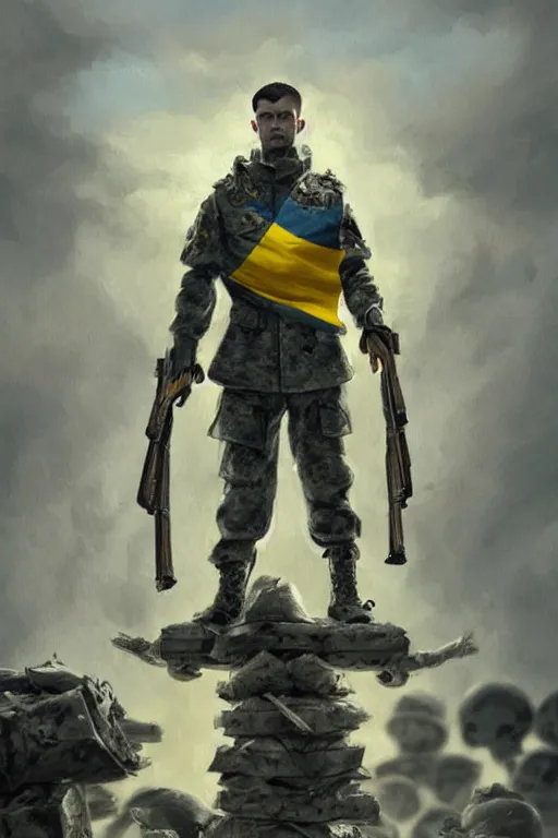 Prompt: a distant shot of a Ukrainian Modern Warfare soldier with blue and yellow flag standing alone on a pile of skulls as a winner, masculine figure, D&D, fantasy, intricate, elegant, highly detailed, hyperrealistic, extremely detailed, digital painting, artstation, concept art, matte, sharp focus, symmetrical, illustration, art by Artgerm and Greg Rutkowski and Alphonse Mucha