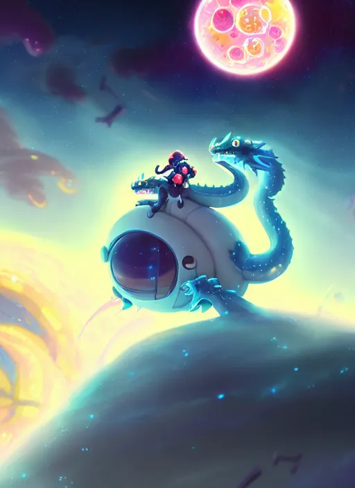 Image similar to a still of a cute kawaii astronaut android riding a large neon kaiju dragon, nebulous background of dynamic space, a dramatic composition by wlop and greg rutkowski and makoto shinkai and studio ghibli and kyoto animation cute bubbly clothing, highly detailed, digital painting, matte