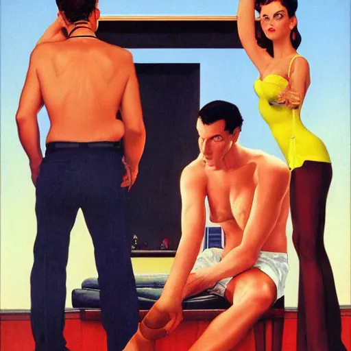 Prompt: Leisure suit Larry, 1993, by Norman Rockwell and Edward Hopper. film noir