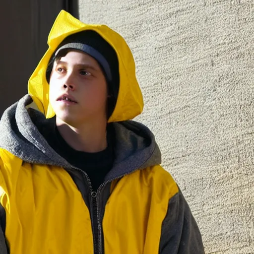 Prompt: cole sprouse in a yellow hazmat suit and a grey beanie, still from breaking bad
