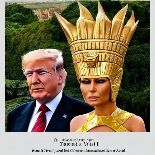 Image similar to donald and melania trump as egyptian pharaoh and queen, elegant, majestic, powerful, pyramids, anunaki, hieroglyphs, lush, rainforest, river, green, river god, wilbur smith, gold, trump tower