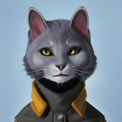 Image similar to Portrait painting an anthropomorphic gray cat smiling wearing a jacket and a collar, as an Overwatch character, medium shot, asymmetrical, profile picture, Organic Painting, sunny day, Matte Painting, bold shapes, hard edges, street art, trending on artstation, by Huang Guangjian and Gil Elvgren and Sachin Teng