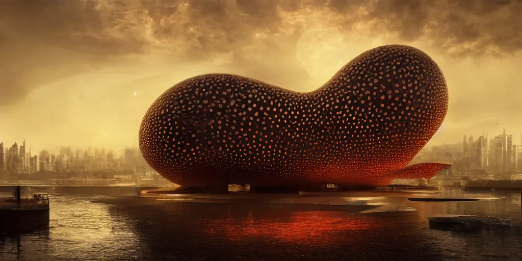 Image similar to An epic architectural rendering of a blob shaped trypophobia house with a mysterious red glow emitting from inside in a modern cityscape next to a river, by Zaha Hadid and Martin Johnson Heade and Greg Rutkowski, stunning, gorgeous, golden ratio, photorealistic, featured on artstation, 4k resolution