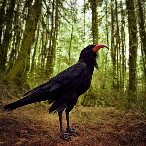 Prompt: anthropomorphic crow werecreature, photograph captured in a forest
