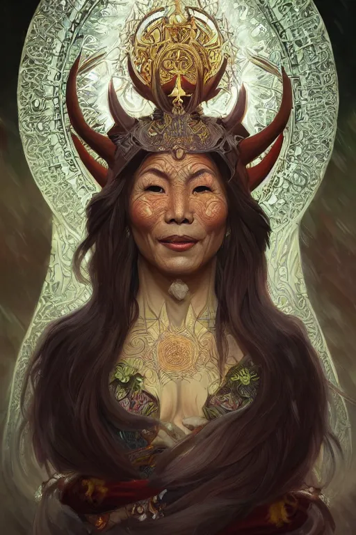 Image similar to portrait of the dalai lama as a demon elf queen, forest, godlike, upper body, fantasy, intricate, elegant, highly detailed, digital painting, artstation, concept art, sharp focus, illustration, art by artgerm and greg rutkowski and alphonse mucha