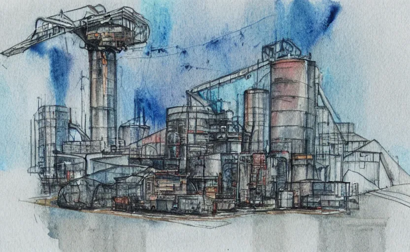 Image similar to Industrial complex Watercolor sketch, highly detailded