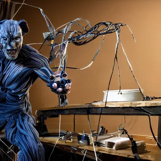 Image similar to animatronic Hugh Jackman, exposed wires, photo, Stan Winston studios, detailed, 4k