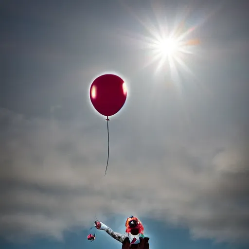 Prompt: photo of a clown on top of a house with a balloon in his left hand, taken with canon eos - 1 d x mark iii, bokeh, sunlight, studio 4 k