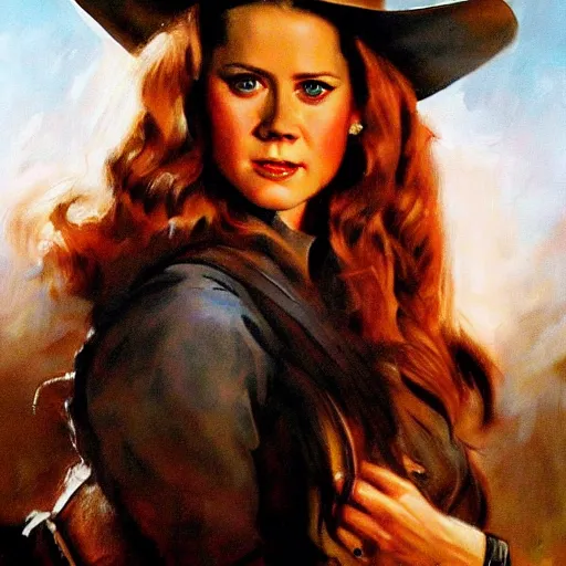 Image similar to ultra realistic portrait painting of amy adams as a western outlaw, art by frank frazetta, 4 k, ultra realistic, highly detailed, epic lighting