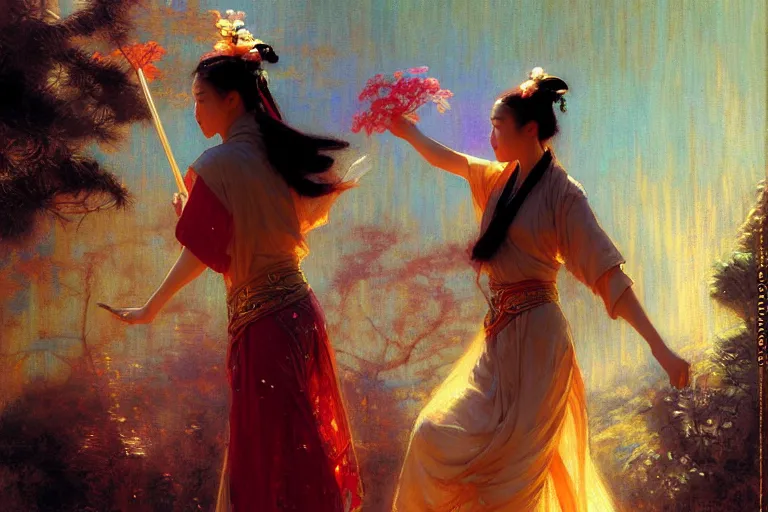 Image similar to wuxia, spring, neon light, painting by gaston bussiere, craig mullins, j. c. leyendecker