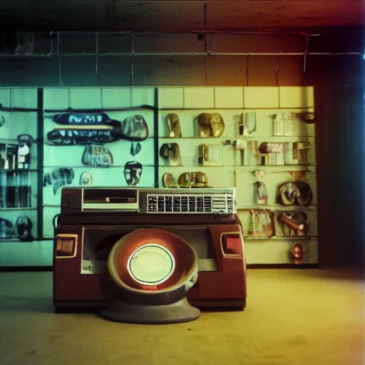 Image similar to large metallic skull attached to an infinitely long coiled cable, stoic and calm, inside of an unlit 1970s convenience store with a soviet computer console on the wall, ektachrome photograph, volumetric lighting, f8 aperture, cinematic Eastman 5384 film