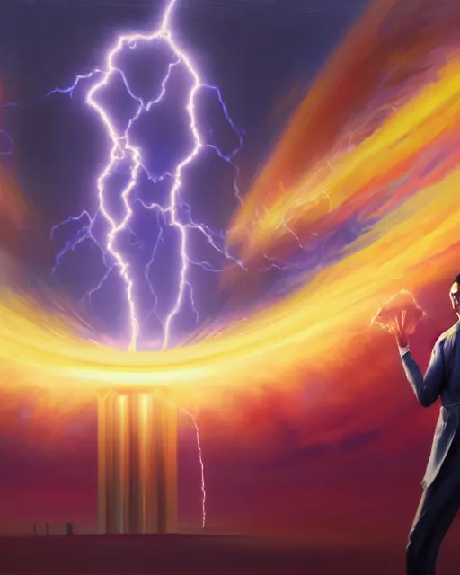 Prompt: an amazing oil painting of Nikola Tesla as a supervillain flying over a vast landscape with electric superpowers by WLOP and Noah Bradley, electrifying the world with his new giant tesla coil doom machine, epic and stunning character design, concept art, trending on artstation, HD, 4k, 8k