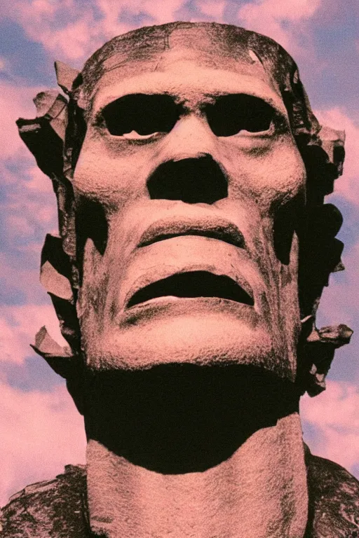 Prompt: symmetrical full - frontal closeup of frankenstein face, splitting vaporwave clouds, tower in background