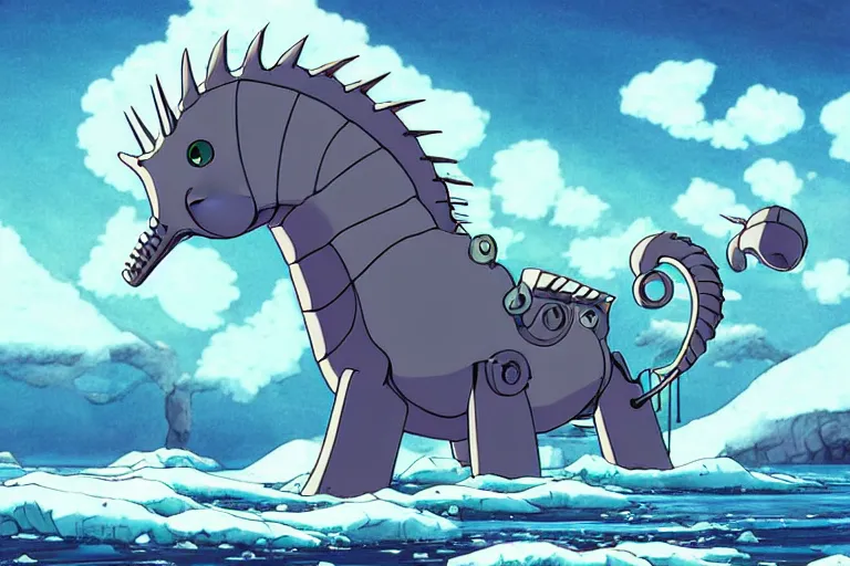 Prompt: cell shaded cartoon of a giant mechanized grey seahorse from howl's moving castle ( 2 0 0 4 ), floating above an icy river, full body, wide shot, very muted colors, post grunge, studio ghibli, highly detailed, deviantart, art by artgem