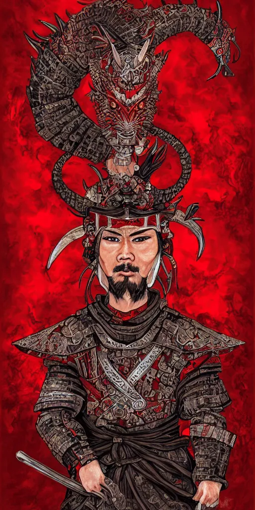 Prompt: a portrait of samurai with red dragon’s head, detailed hd digital painting