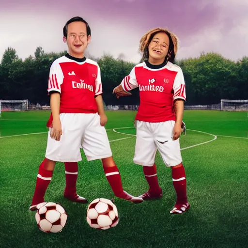 Image similar to a promo portrait of hot dogs in arsenal soccer jerseys playing football, happy,